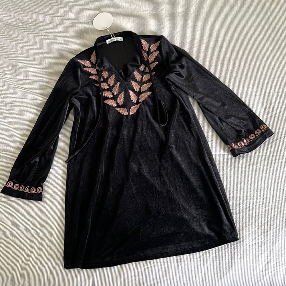 Rusttydustty boutique dress. Velvet. Black with beige embroidery. Size Medium.
